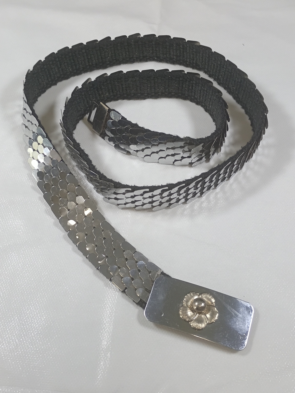 Silver Sequin Stretch Belt with Floral Buckle - Women Accessories